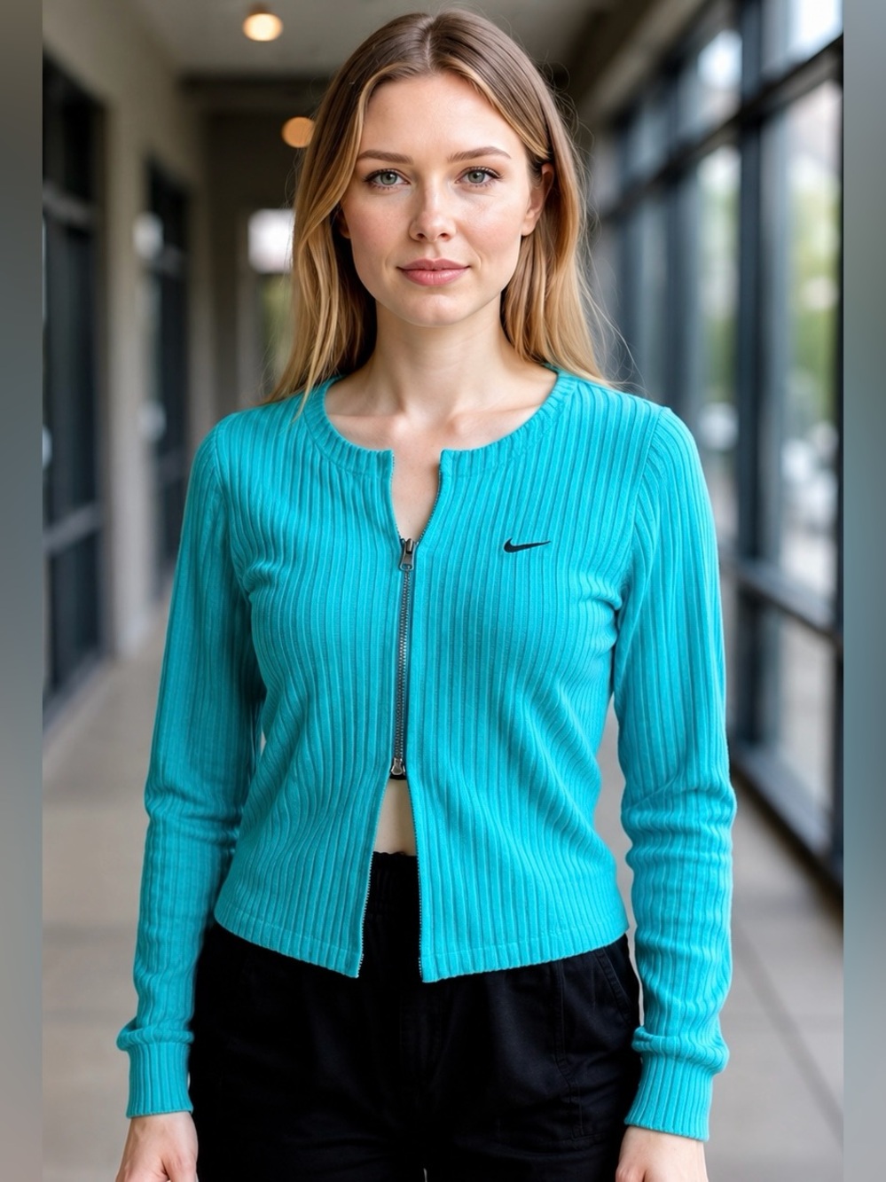 Nike Teal Ribbed Zip-Front Cardigan